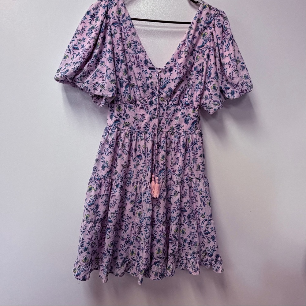 Jessica Simpson Pink & Purple Floral Puff Sleeve Ruffle Dress Size Small V Neck